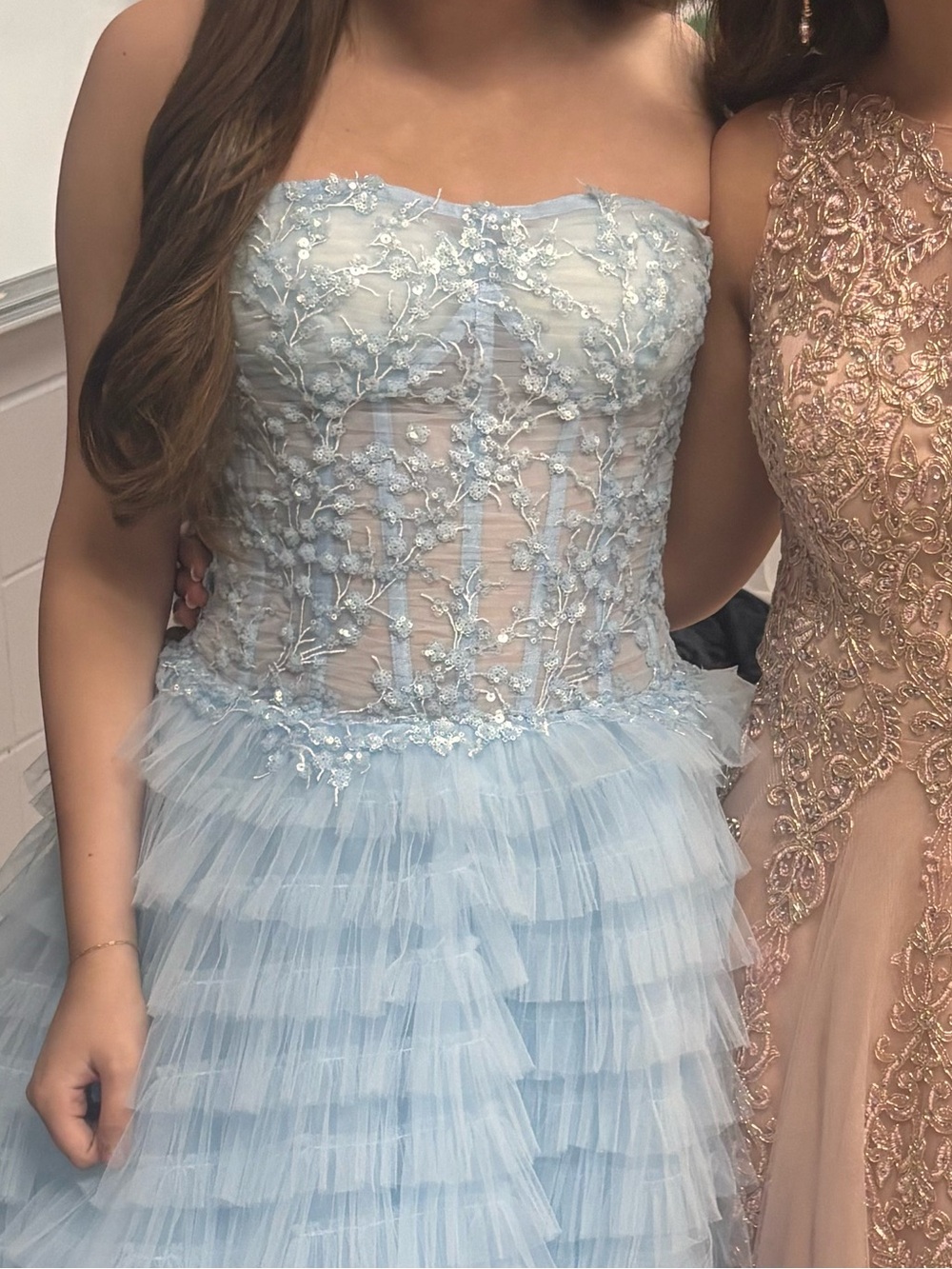Girls Light Blue Tulle Ruffle Ball Gown with Beaded Bodice